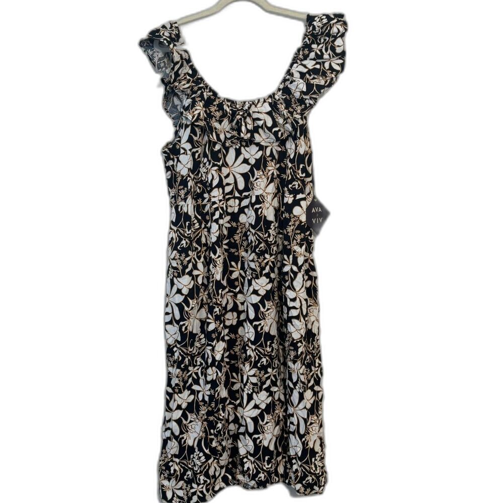 Ava & Viv Black Floral Ruffle Smocked Midi Dress NWT 1X